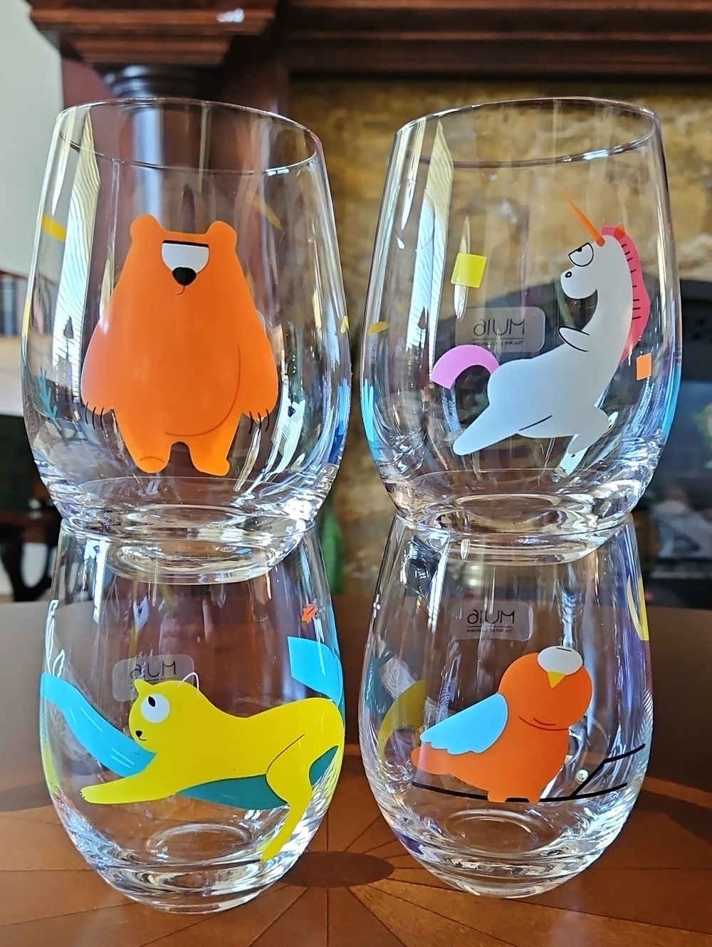 "Animal Party" Stemless Wine Glasses Set of 4 – Adorable Graphic Art Glassware